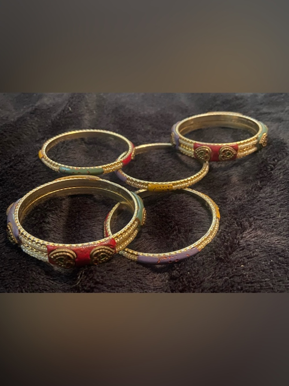 5 Vintage Multicolor Antique Gold Stackable Bangles signed “New Diamond”